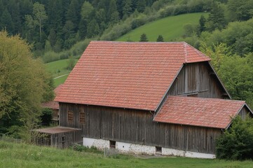 Obraz premium Rustic wooden barn featuring a red tile roof amidst lush green fields and trees in a peaceful rural setting