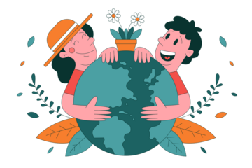Smiling Couple Embracing Globe with Blooming Plant in Decorative Style Illustration on Transparent Background for Earth Day