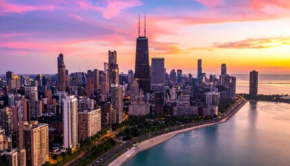 Fototapeta premium Cityscape under a vibrant sunset. Skyline featuring tall buildings and tranquil water below