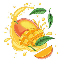 Sweet Mango Slices and Juice Splash Tropical Fruit Vector