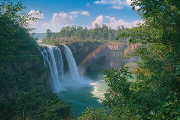 Fototapeta premium Scenic waterfall with lush trees under a clear summer sky
