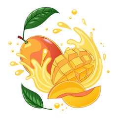 Fresh Mango Splash with Leaves and Juice Drops Vector Illustration