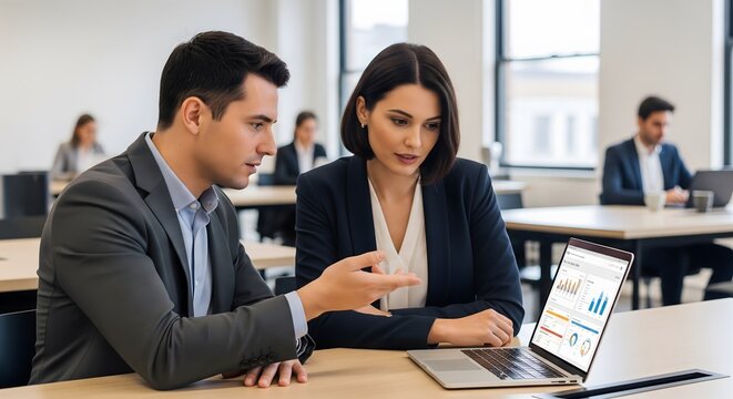 Dynamic business team analyzing data charts for growth in modern office setting, fostering collaboration and strategic planning for success