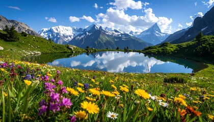 Beautiful Alpine Lake with Wildflowers and Snow-Capped Mountains.