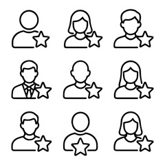 Nine Outline Icons of People Awarded with Stars.