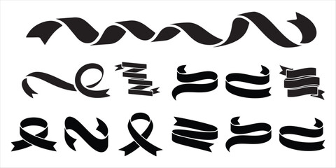 Collection of Black Ribbon and Banner Silhouettes on White Background