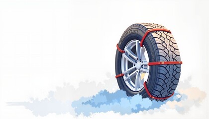 Snow chains on tire in artistic design with red accents and shadows  