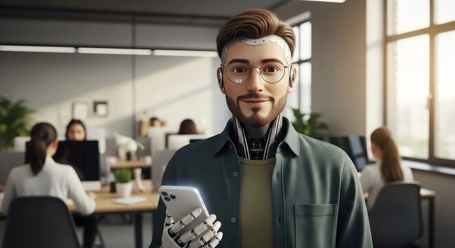 AI-Powered Businessman Holding Smartphone in Office