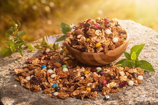 A portable snack blend designed for outdoor activities, often including granola, dried fruits, nuts, and sometimes sweets.