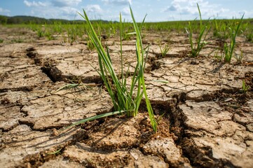 Overhead perspective of fractured earth with dry patches and fresh grass sprouting
