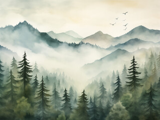 Misty Hills in Watercolor Style
