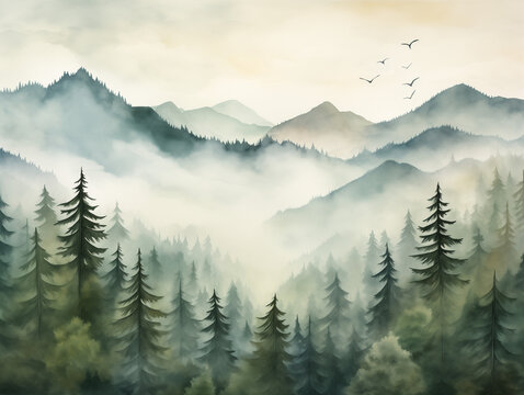Misty Hills in Watercolor Style

