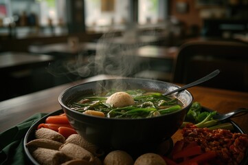 Spicy Thai noodles served with fishballs in a green and black bowl, a healthy lunch meal with beans and a spoon