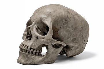 Gray human skull cross-section isolated on white backdrop. Paleontology fossil anatomy.