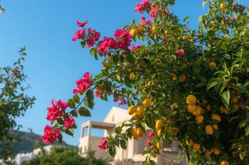 Yellow lemons on lemon tree beside blooming bougainvillea plant