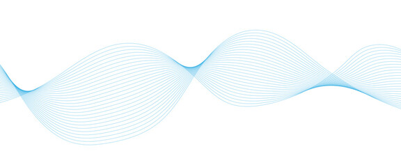 Blue dotted wave line pattern. Flowing dot particles wave pattern halftone black gradient smooth curve shape isolated on transparent background.