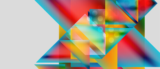 Abstract geometric composition. Vibrant colors blend, creating dynamic shapes. Overlapping triangles, rectangles, circles suggest depth, movement. Modern design.