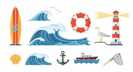 A colorful collection of flat vector illustrations featuring nautical and marine themed objects like a lighthouse, waves, surfboard, anchor, and lifebuoy.
