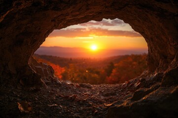 Thanksgiving theme featuring a cave against a softly focused autumn mountain sunset