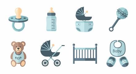 A collection of blue and teal watercolor illustrations of essential baby boy items and toys.