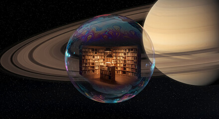 Library inside a bubble floats in space near saturn with rings and stars © MuhammadAnns