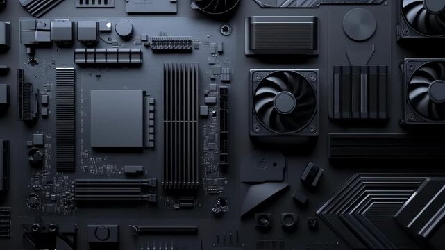 Close-up of computer parts arranged on surface in studio shot