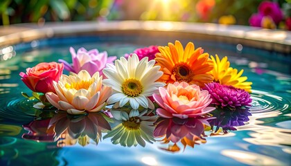 Beautiful Assortment of Flowers Floating on Water with Sunlight.