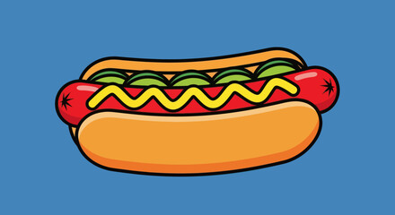 A brightly colored cartoon hot dog on a blue background, with mustard, relish, and a warm bun