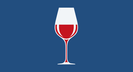 A minimalist, stylized illustration of a wine glass filled with red liquid against a blue background