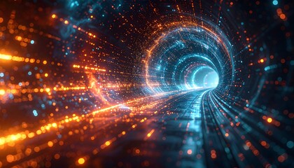 Abstract light tunnel with glowing particles, representing data flow and digital connectivity.