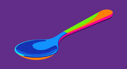 A colorful spoon illustration with a purple background. The spoon has a blue bowl and a colored handle