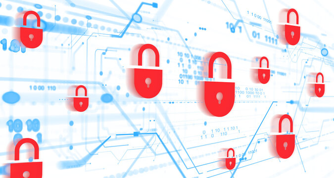 Red padlock icons on a white background with abstract blue circuit lines and binary code, representing data encryption and cybersecurity. 3D Rendering