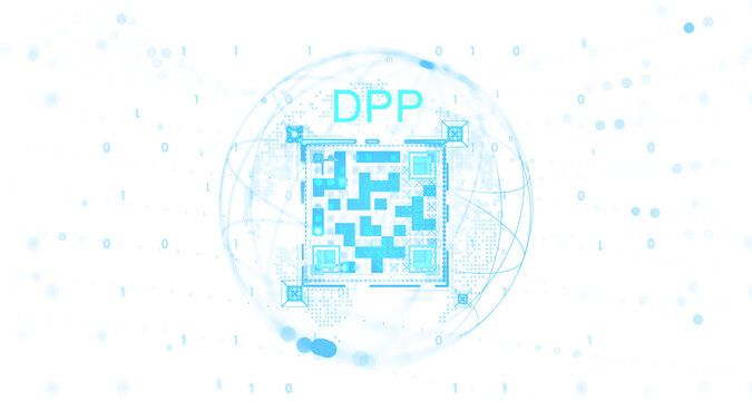 Abstract blue DPP code with HUD elements and globe network lines in holographic style on white transparent background. Concept of digital security. 3D Rendering