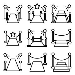 Red Carpet Event Icons with Ropes Spotlights and Star Decoration.