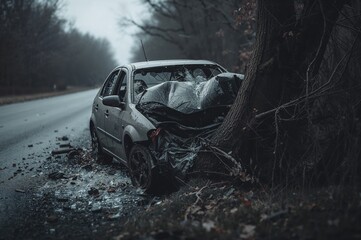 Vehicle Spun Out and Collided with a Tree. Traffic Collision Scene. Shattered Car Windows. The Vehicle Left the Roadway.