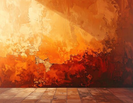 An empty room features a sun-drenched terracotta wall with textured, weathered, and cracked plaster, displaying warm orange and ochre tones.