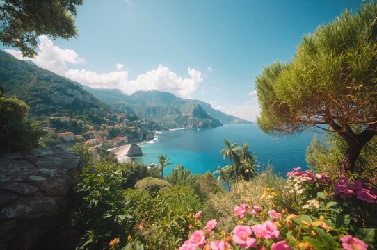 Summer coastline with mountains and lush greenery by the sea