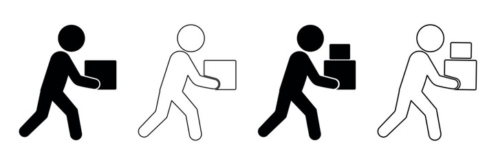 Stickman carrying box icon, minimal line style pictogram of person holding package, delivery and office work concept, black and white outline vector illustration