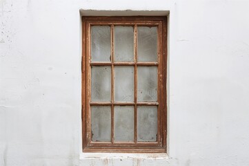 Old window framed by a plain white wall