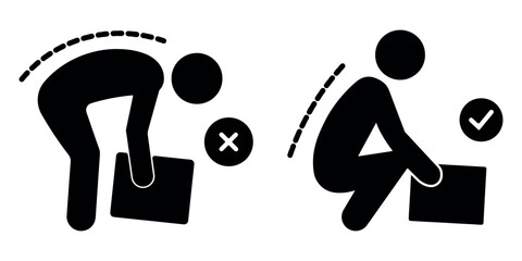 Stickman lifting and dropping heavy box icon, posture and back injury warning pictogram, workplace safety concept, minimal black symbol for caution and ergonomic awareness