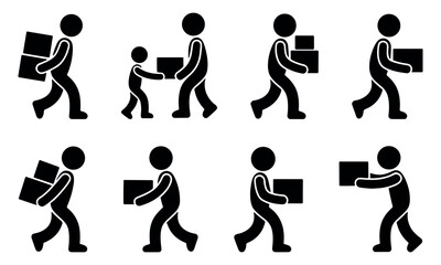 Stickman worker group icons set, black silhouette people carrying boxes and walking, teamwork and delivery concept, minimal flat pictogram vector illustration
