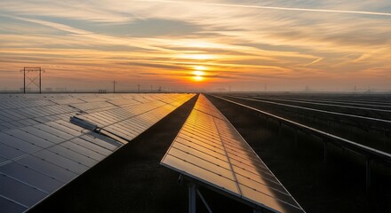 Aerial view of solar panel farm at sunrise under colorful sky reflecting on surface, concept for sustainable energy, environmental awareness and renewable resources projects