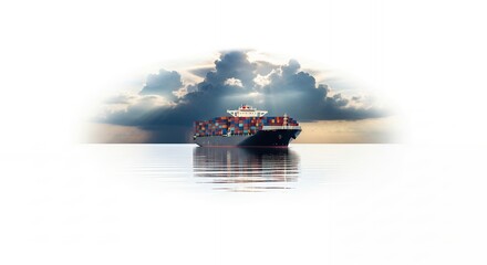 Loaded cargo ship sailing on the ocean under a dramatic sky with sunbeams reflecting on the water. Concept for global trade, international shipping and maritime transport