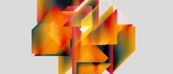 Obraz premium Abstract geometric composition. Orange, red hues dominate, layered over light gray background. Shapes intersect, creating dynamic visual effect.