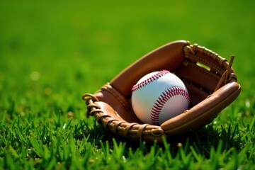 A leather baseball glove rests gently on a vibrant green lawn, a pristine baseball nestled securely within its confines, ready for the next exhilarating game.