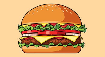 Vector-style illustration of a classic burger, with all the fillings and sesame seeds