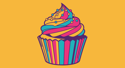 A colorful cupcake illustration with swirled frosting and sprinkles on a yellow background