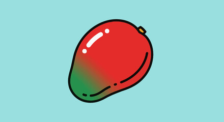 Cartoon mango illustration on a light blue background. It is red and green with a black outline