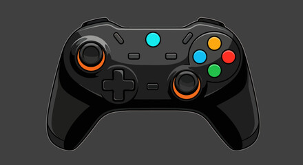 Black cartoon video game controller with colored buttons and thumbsticks on a gray background © Sendal