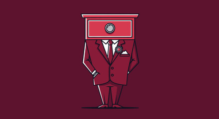 A man with a drawer for a head, dressed in a burgundy suit, stands against a burgundy background